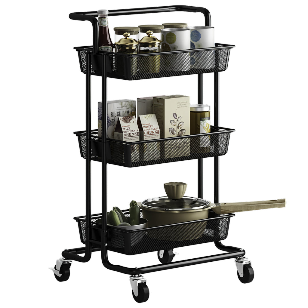 Pusdon 3-Tier Rolling Utility Cart, Metal Mesh Trolley Service Cart with Locking Wheels and Removable Handles, Heavy Duty Organizer Storage Cart for Office Bar Kitchen Bathroom Living Room Use, Black