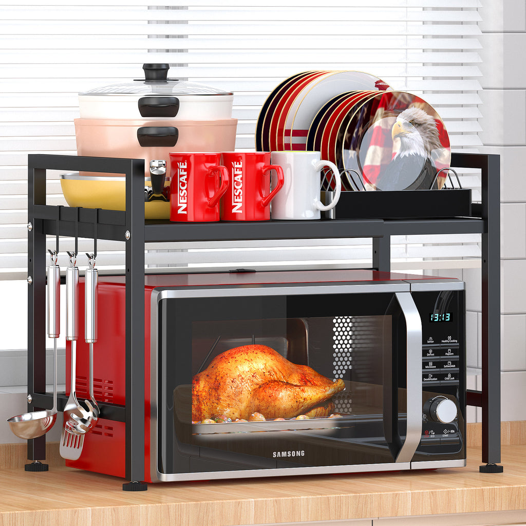 Pusdon Extendable Microwave Oven Rack, Adjustable Microwave/Toaster Shelf Heavy Duty Stand Kitchen Counter Top Organizer(L15.7~23.6" xW12.6 xH18.9), 2-Tier with 3 Hooks, 160lbs Weight Capacity, Black